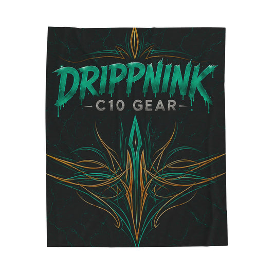 Black velveteen plush blanket featuring teal tribal pinstriping and DrippnInk C10 Gear Chevy-inspired automotive artwork