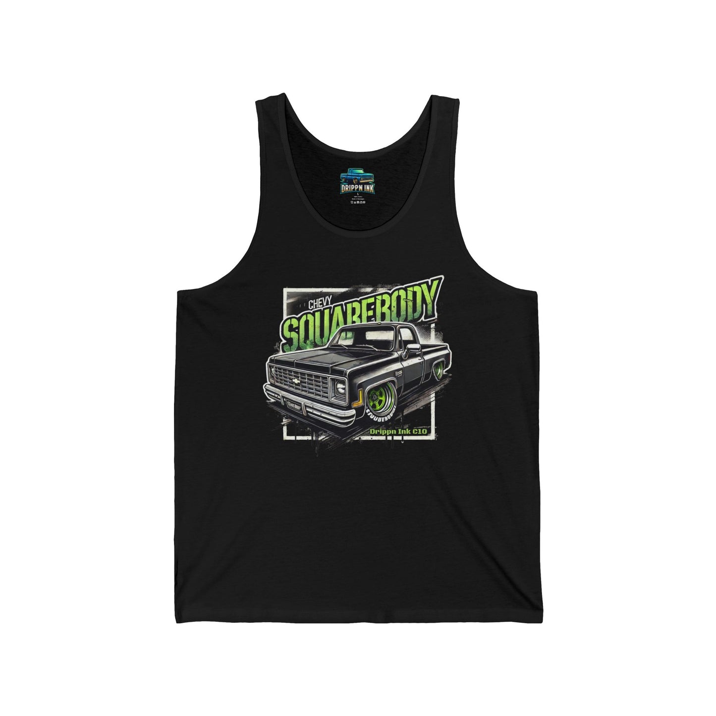 Black tank top featuring a slammed Chevy Squarebody C10 graphic with lime green accents and bold “Chevy Squarebody” text by Drippn Ink.