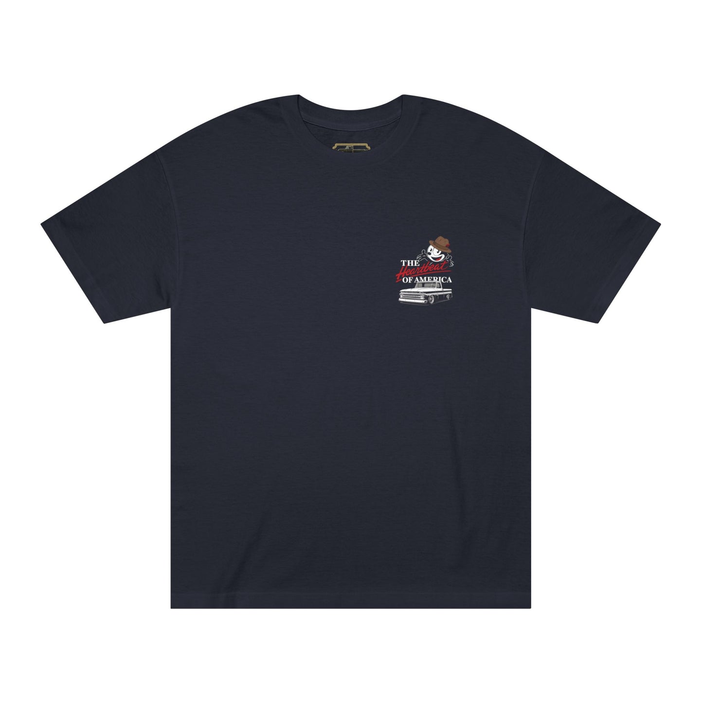 Black t-shirt featuring a large graphic of Felix In a Fedora, the text “The Heartbeat of America,” and a slammed Chevy C10 truck on the back, with matching front badge.