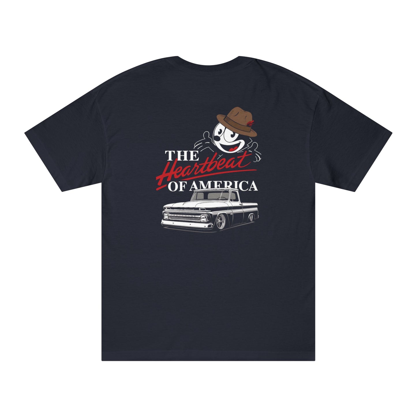 Black t-shirt featuring a large graphic of Felix In a Fedora, the text “The Heartbeat of America,” and a slammed Chevy C10 truck on the back, with matching front badge.