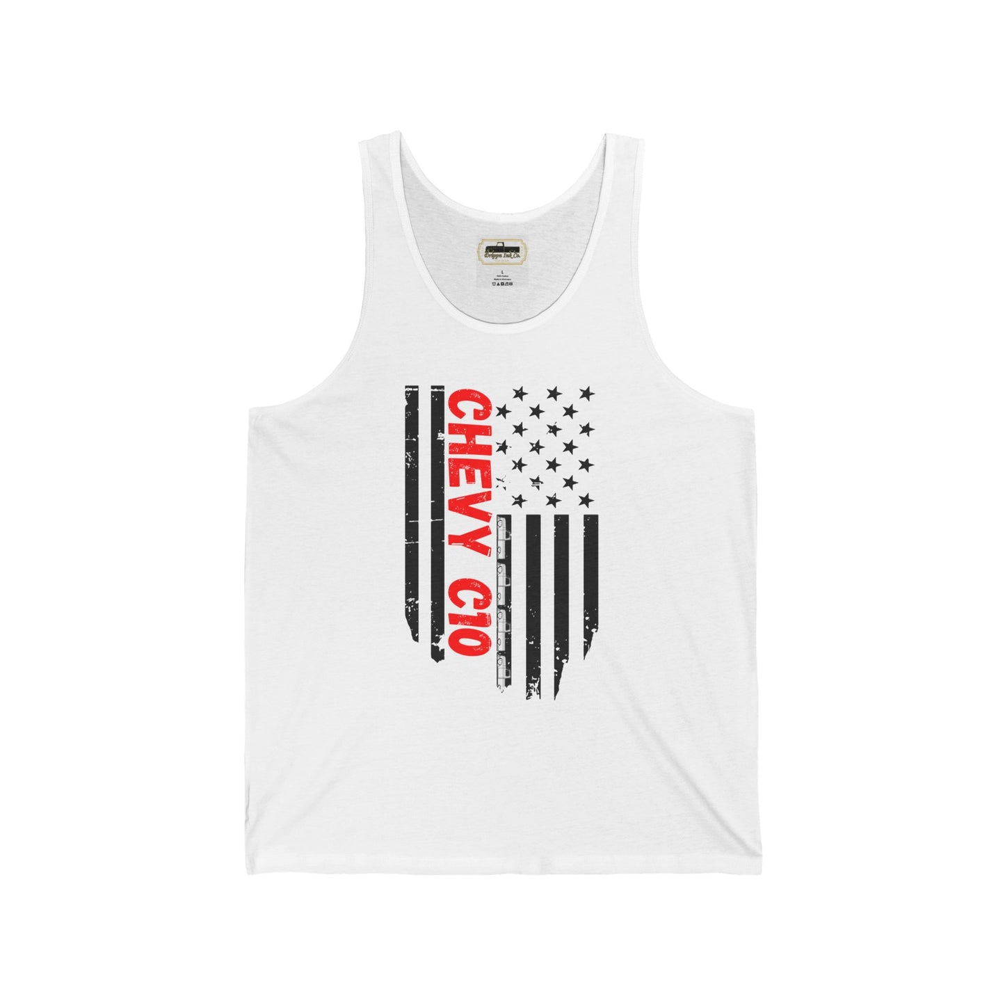 Black tank top featuring a vertical distressed American flag with bold red “CHEVY C10” text across the front, designed by Drippn Ink Co.