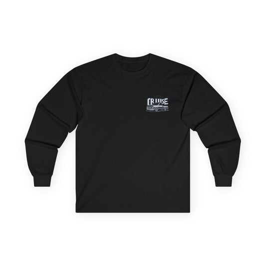 Black long sleeve tee with a small left chest badge reading LET'S CRUISE above a slammed classic pickup