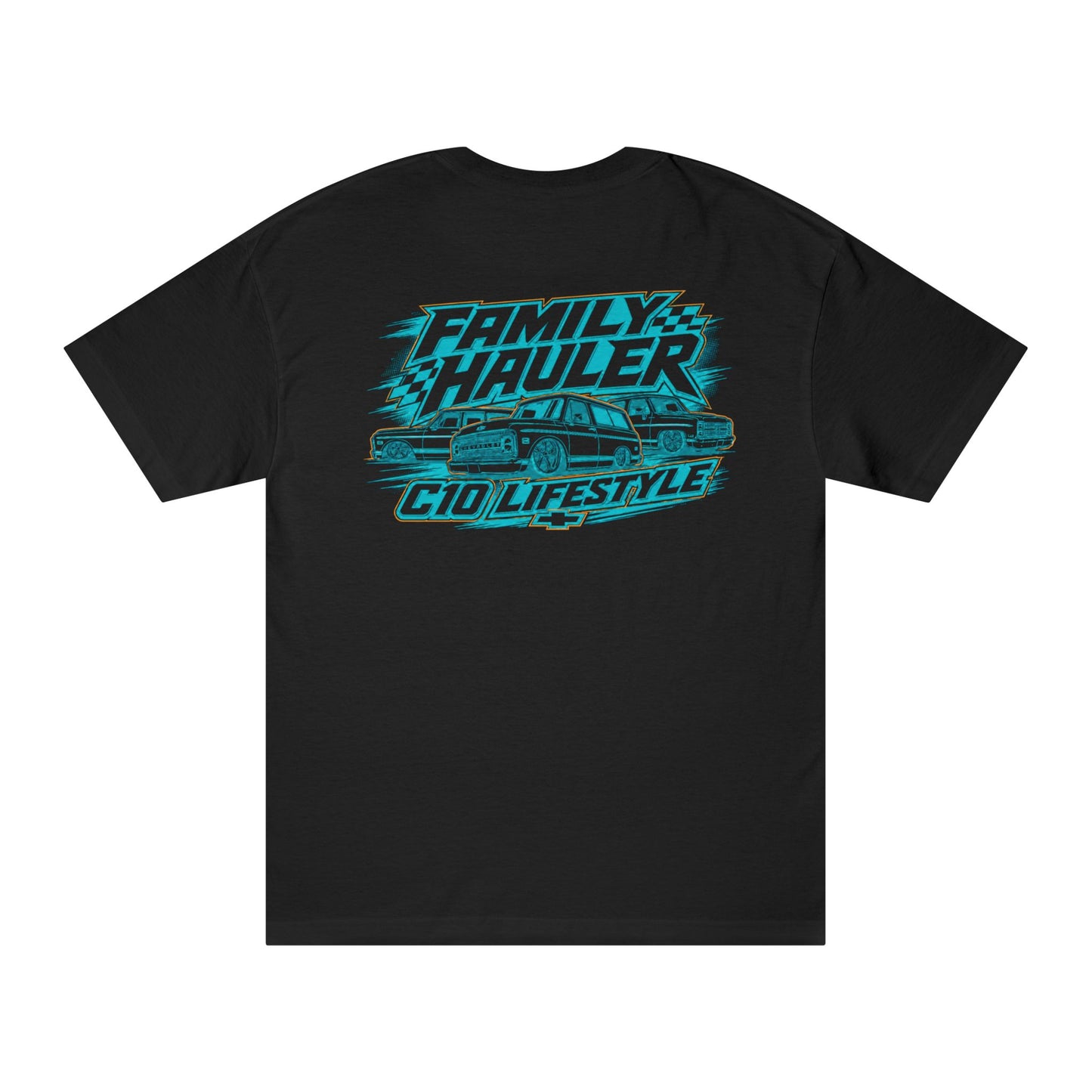 Black Family Hauler C10 Lifestyle t-shirt featuring classic Chevy wagons and truck culture artwork on back print