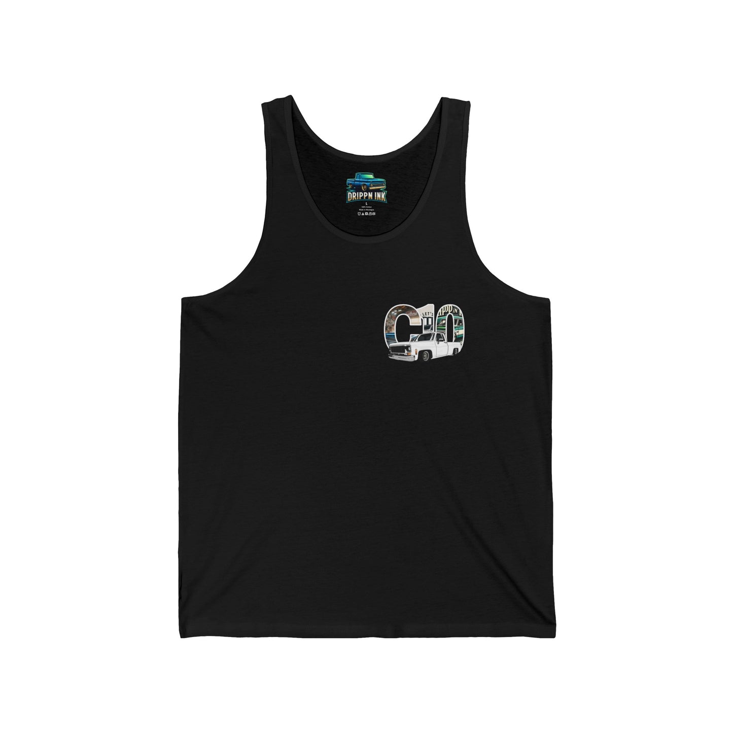 Big C10 Sqarebody This stylish Tank Top features a bold, eye-catching design that celebrates the classic Chevy C10 square body truck. Dominating the scene is the iconic outline of the C10, filled with detailed illustrations that pay homage to the vintage automotive culture.