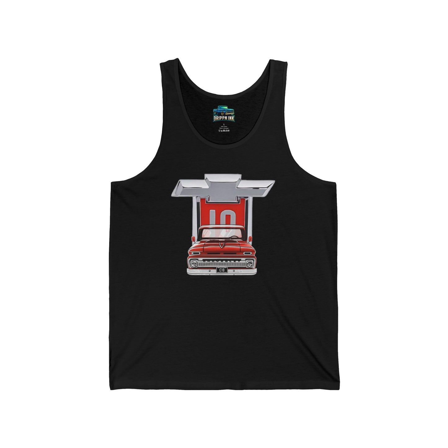 1960s Chevy C10 Truck Emblem Tank Whether you're cruising around town in your own Chevy C10 60-66 truck or simply appreciate the timeless beauty and legacy of these trucks, this tank top is the perfect way to show your passion and style. It also makes a great gift for the truck lovers in your life.