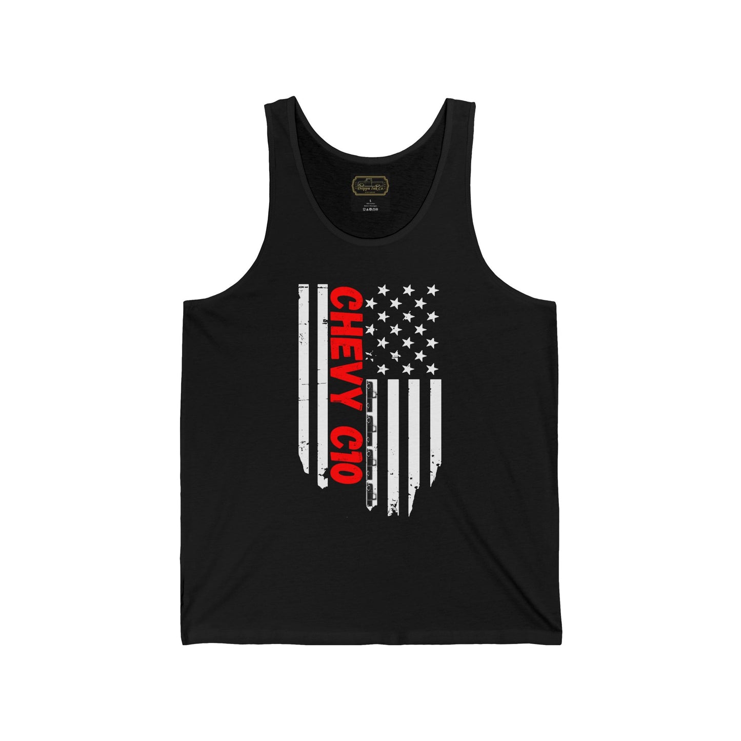 Black tank top featuring a vertical distressed American flag with bold red “CHEVY C10” text across the front, designed by Drippn Ink Co.
