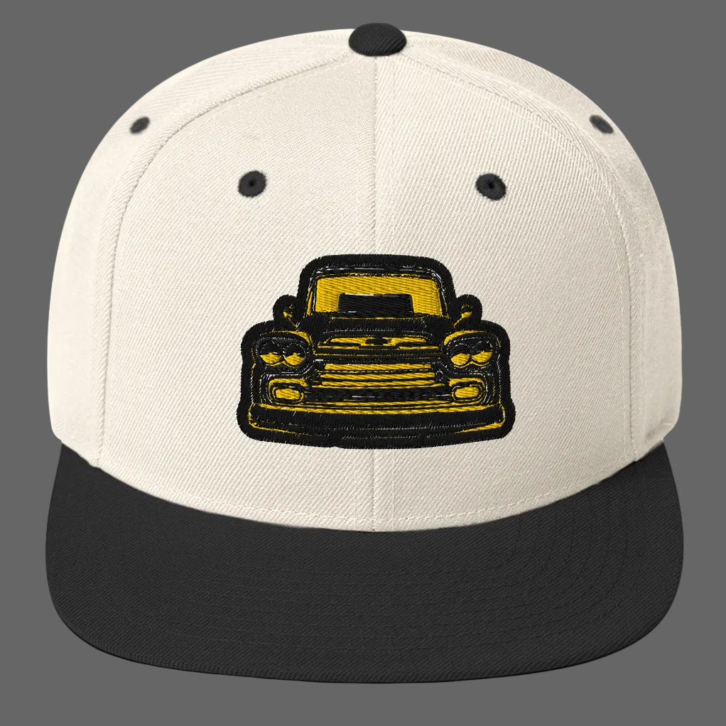 Product mocDrippnInk Chevy snapback hat featuring a 59 chevy Apache black and yellow graphic on frontkup