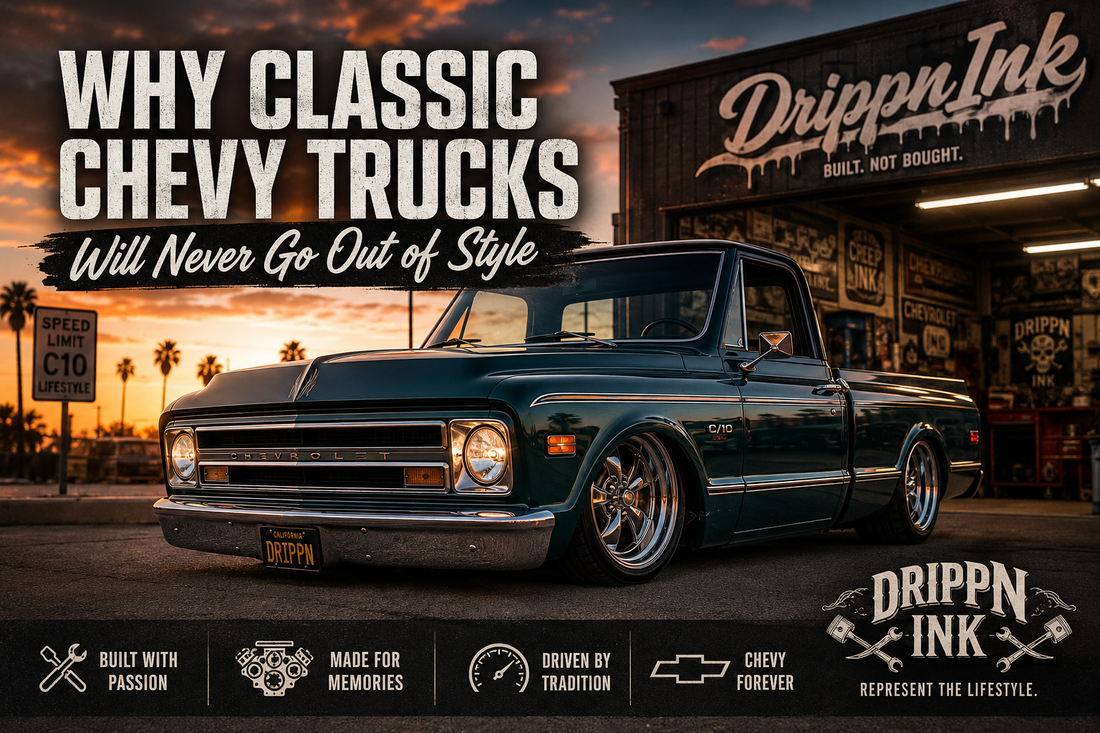“Custom lowered classic Chevy C10 pickup truck parked outside a vintage-style garage at sunset with retro DrippnInk branding, bold typography, and custom truck culture graphics celebrating timeless Chevy truck lifestyle and automotive passion.”