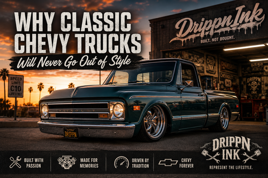 “Custom lowered classic Chevy C10 pickup truck parked outside a vintage-style garage at sunset with retro DrippnInk branding, bold typography, and custom truck culture graphics celebrating timeless Chevy truck lifestyle and automotive passion.”