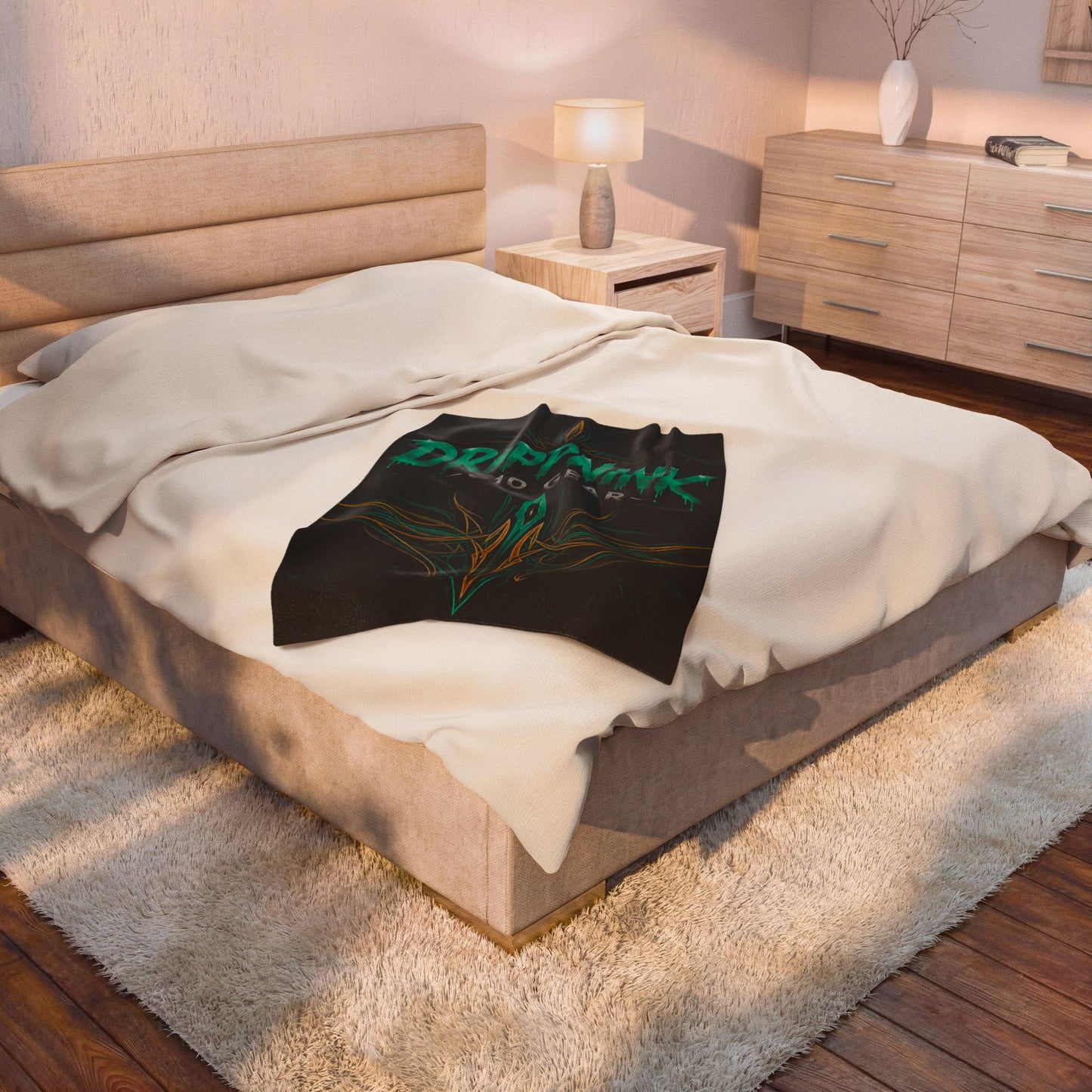 Black velveteen plush blanket featuring teal tribal pinstriping and DrippnInk C10 Gear Chevy-inspired automotive artwork