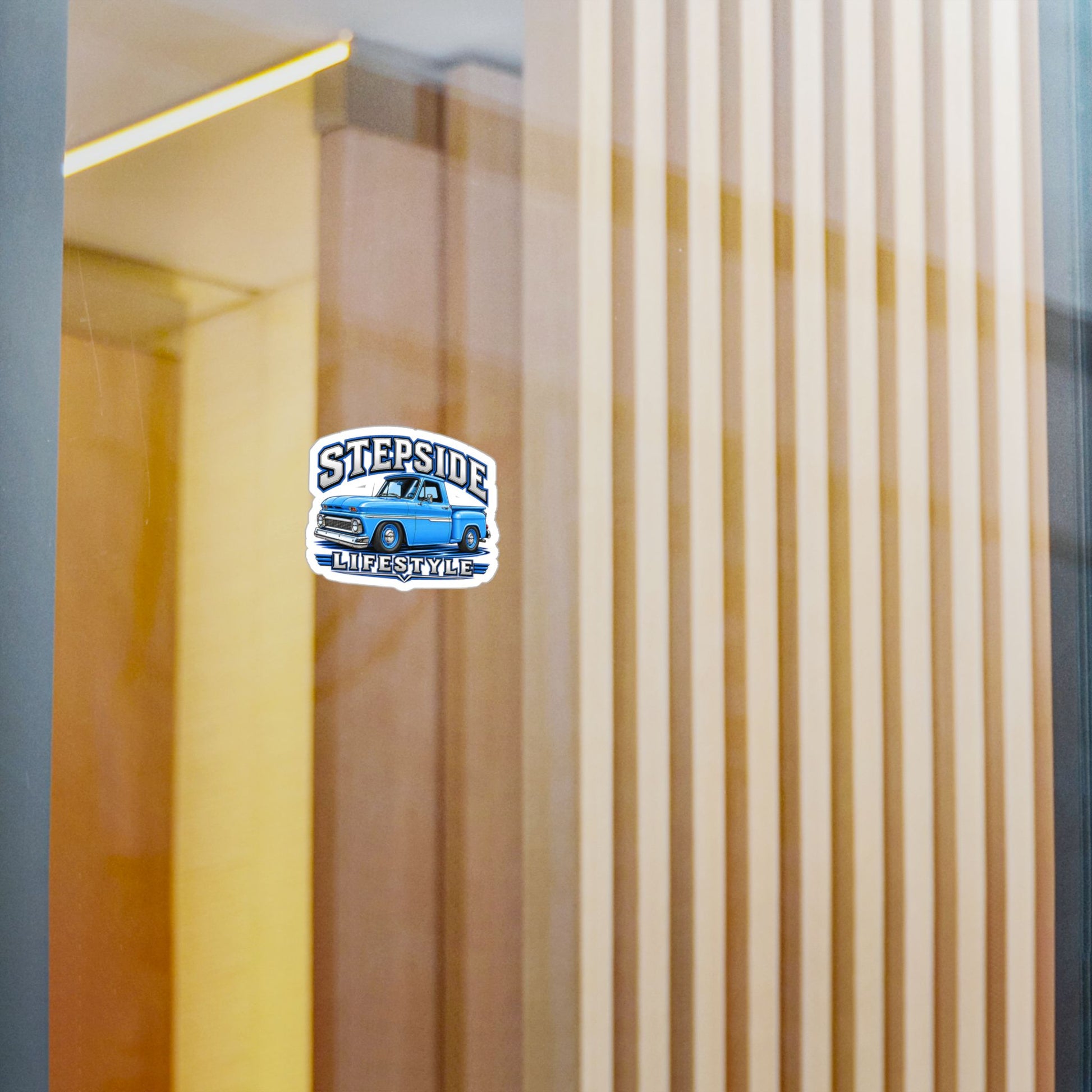 Chevy C10 stepside sticker showing a slammed 1960s truck in bright blue with chrome bumpers and blue steel wheels, kiss-cut vinyl decal by Drippn Ink
