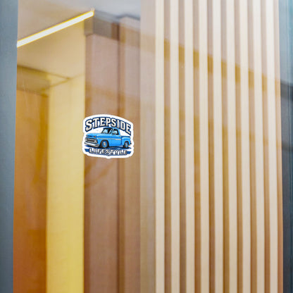 Chevy C10 stepside sticker showing a slammed 1960s truck in bright blue with chrome bumpers and blue steel wheels, kiss-cut vinyl decal by Drippn Ink