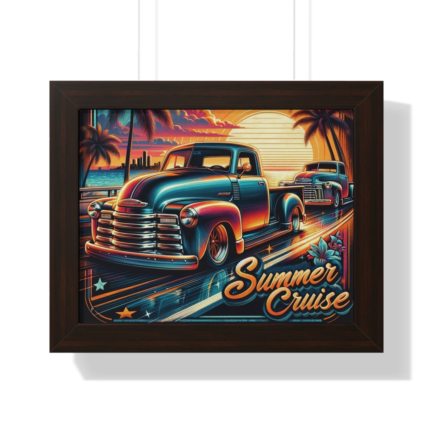 This vibrant and nostalgic poster, titled "Summer Cruise," features a classic car scene with two vintage trucks cruising along a coastal highway during a picturesque sunset. The design radiates a retro vibe with its vivid colors, stylized palm trees, and a city skyline in the background. The sunset casts a warm glow, enhancing the glossy finish of the trucks. The artwork is adorned with playful stars and tropical flowers, emphasizing a carefree summer spirit.