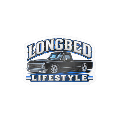 Chevy C10 longbed sticker showing a slammed 1970s truck in black with chrome trim on polished five spoke wheels, kiss-cut vinyl decal by Drippn Ink