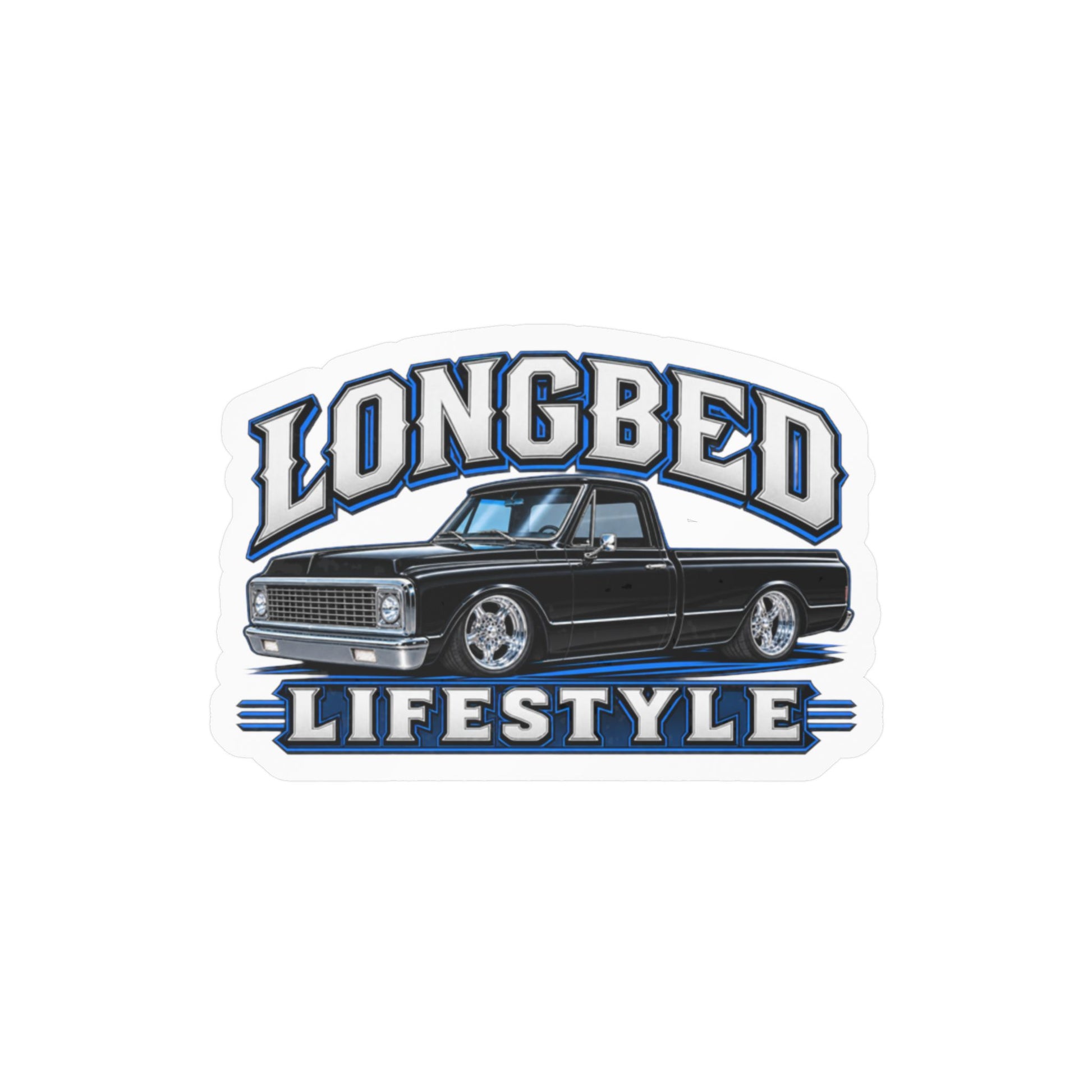 Chevy C10 longbed sticker showing a slammed 1970s truck in black with chrome trim on polished five spoke wheels, kiss-cut vinyl decal by Drippn Ink