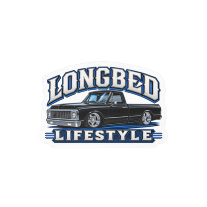 Chevy C10 longbed sticker showing a slammed 1970s truck in black with chrome trim on polished five spoke wheels, kiss-cut vinyl decal by Drippn Ink