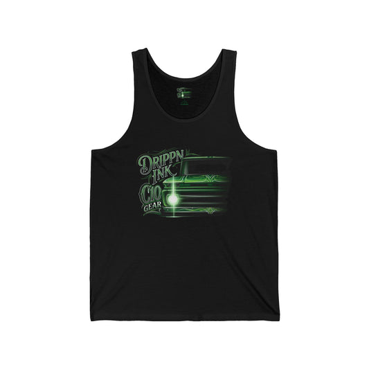 Black sleeveless tank top featuring a custom green pinstriped C10 pickup truck graphic with Drippn Ink C10 Gear lettering designed for classic truck enthusiasts.