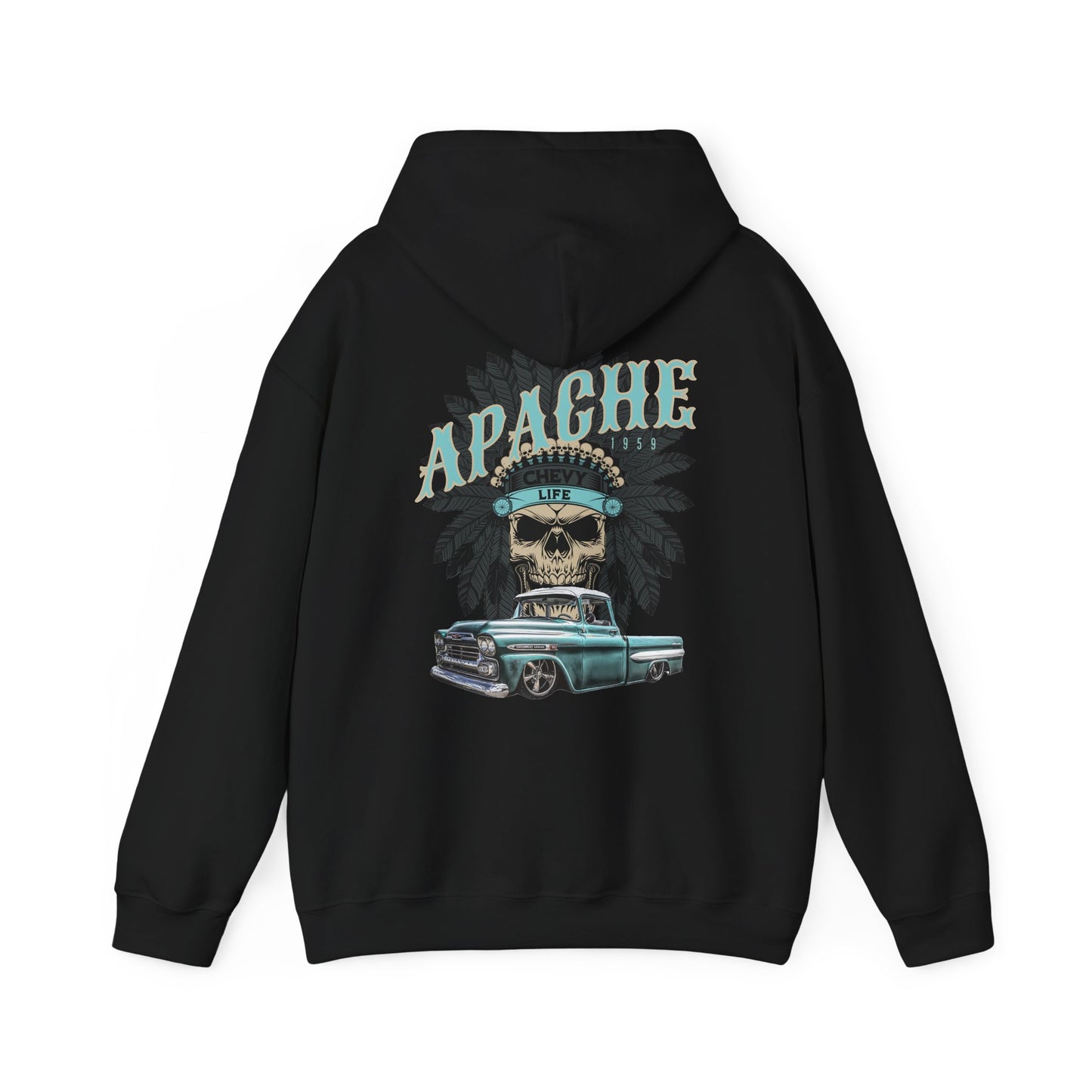 Back of the black hoodie with a large print reading Apache above a skull in a feathered headdress and a teal classic pickup truck.
