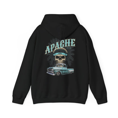 Back of the black hoodie with a large print reading Apache above a skull in a feathered headdress and a teal classic pickup truck.