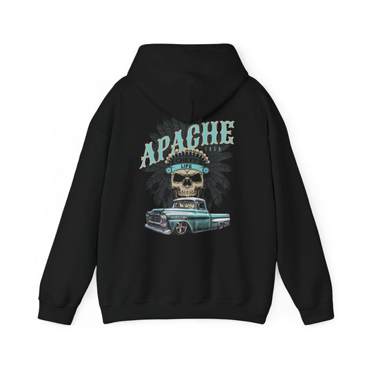 Back of the black hoodie with a large print reading Apache above a skull in a feathered headdress and a teal classic pickup truck.