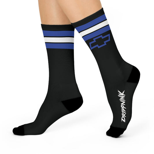 DrippnInk Bowtie Stripe Crew Socks — Chevy Blue Garage Edition