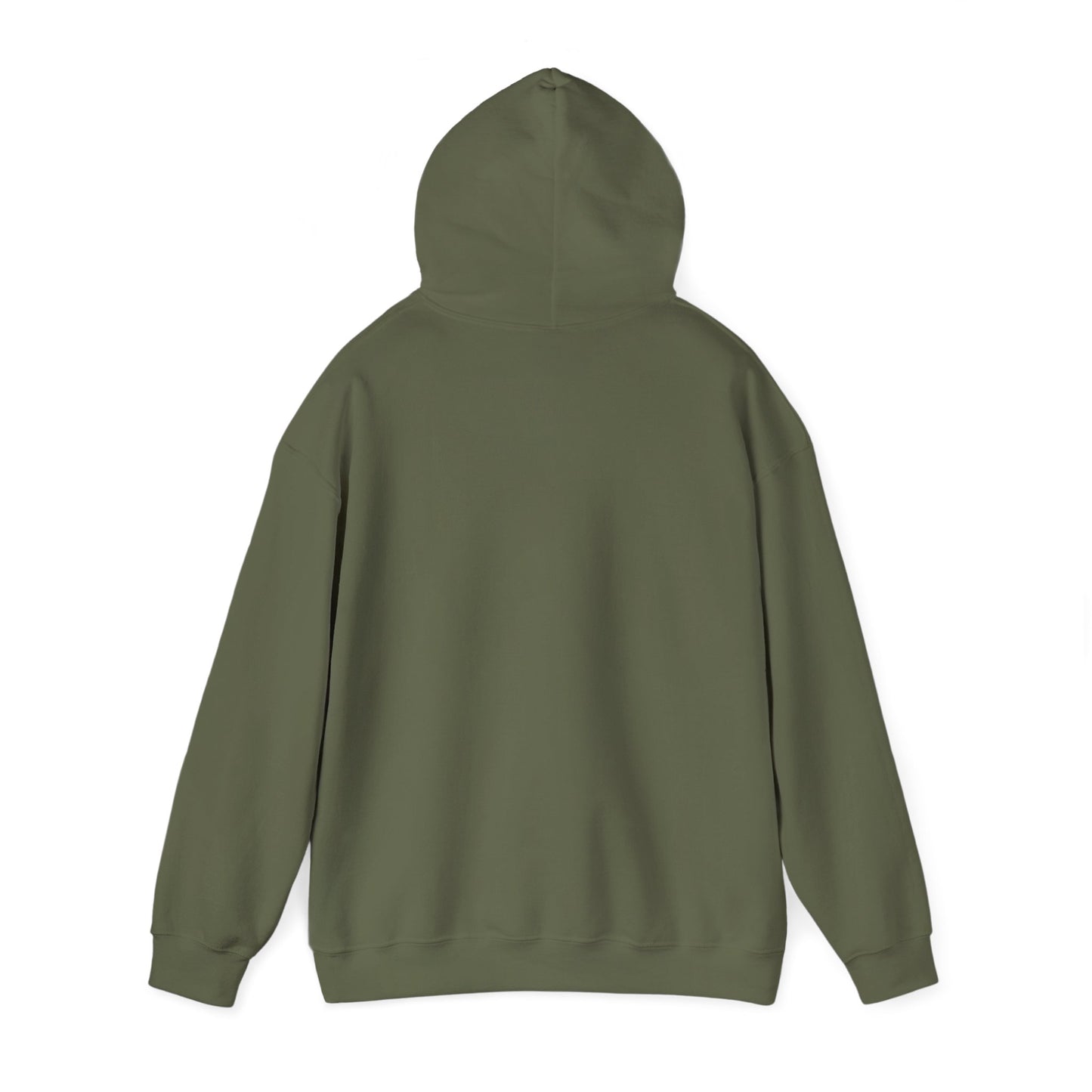 Military green hooded sweatshirt shown from behind with the hood raised