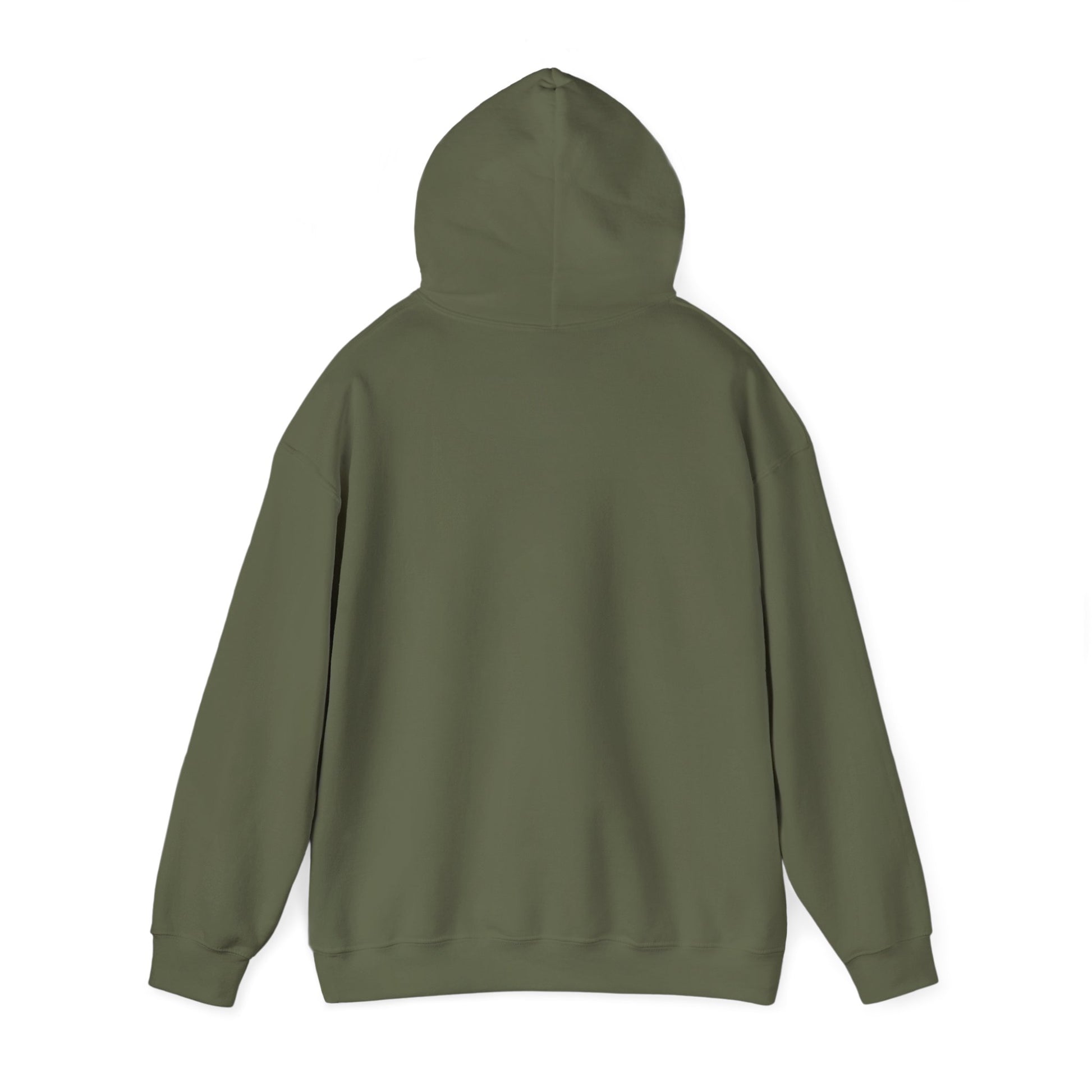 Military green hooded sweatshirt shown from behind with the hood raised