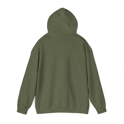 Military green hooded sweatshirt shown from behind with the hood raised