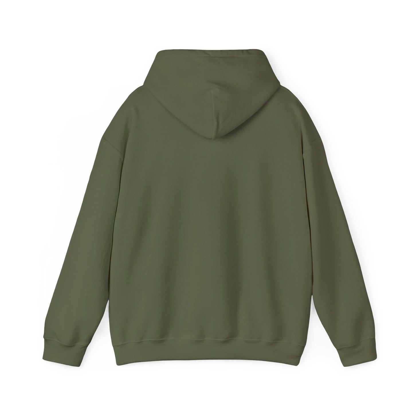 Back view of the military green hooded sweatshirt, plain with no print