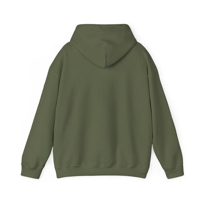 Back view of the military green hooded sweatshirt, plain with no print