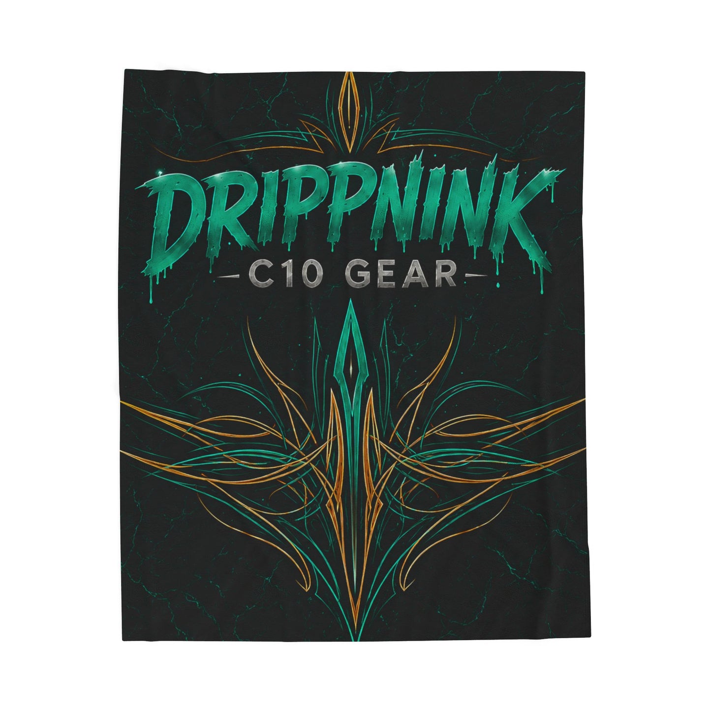 Black velveteen plush blanket featuring teal tribal pinstriping and DrippnInk C10 Gear Chevy-inspired automotive artwork