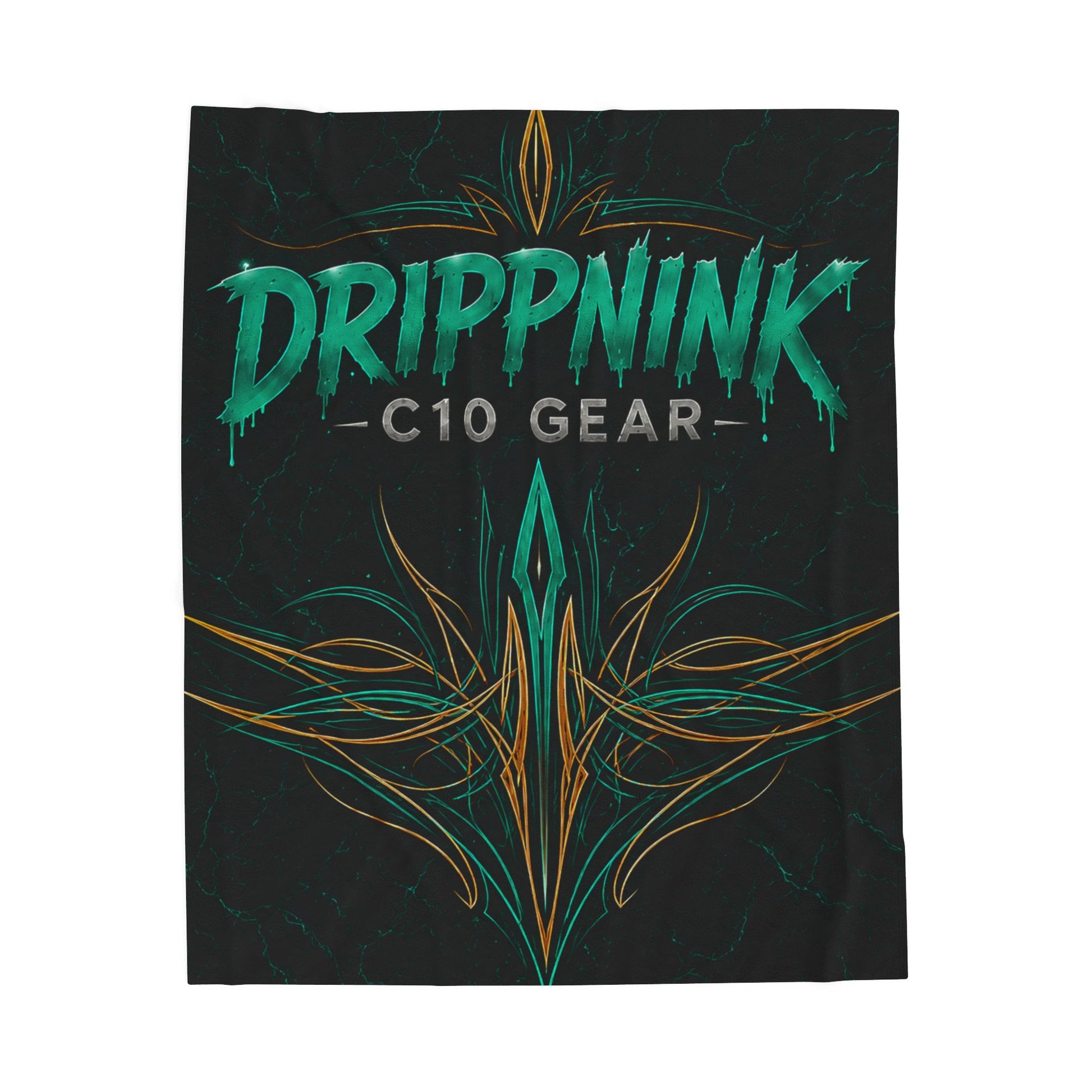 Black velveteen plush blanket featuring teal tribal pinstriping and DrippnInk C10 Gear Chevy-inspired automotive artwork
