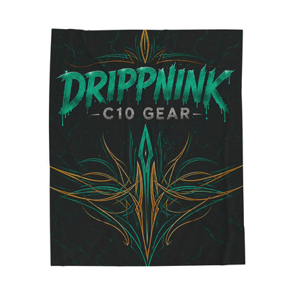 Black velveteen plush blanket featuring teal tribal pinstriping and DrippnInk C10 Gear Chevy-inspired automotive artwork