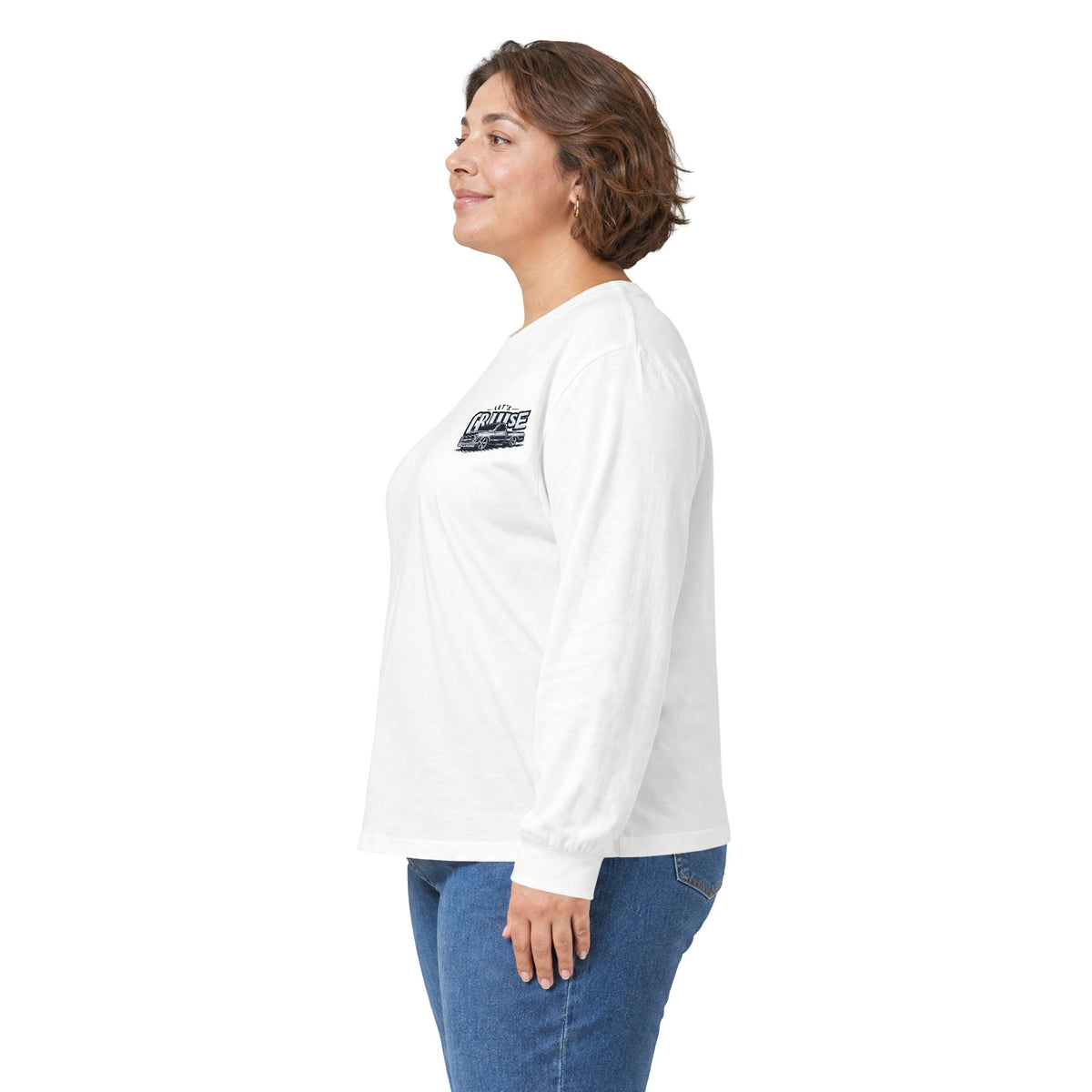 Woman wearing the white Let's Cruise long sleeve tee, small chest badge visible