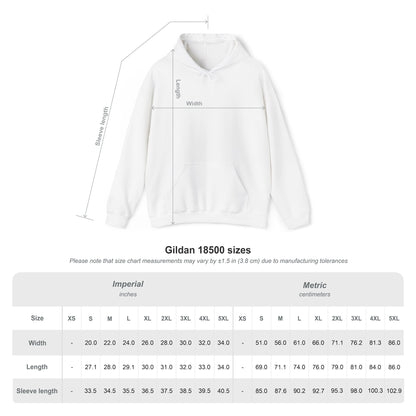Gildan 18500 hoodie size chart with width, length and sleeve measurements in inches and centimetres
