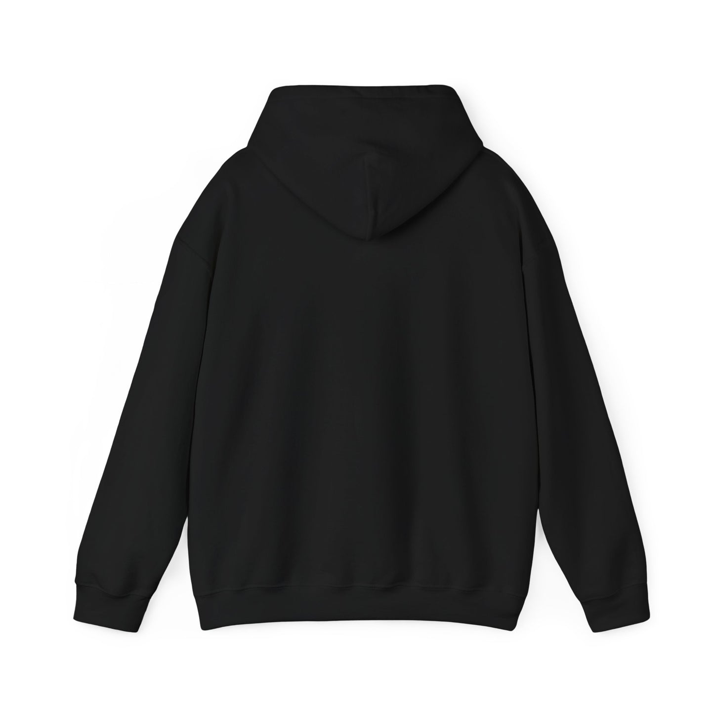 Back of the black hoodie, plain with no print.