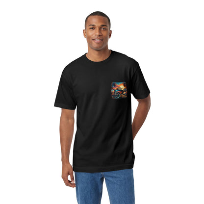 A man wearing the black t-shirt, showing the small chest print of the beach sunset scene.