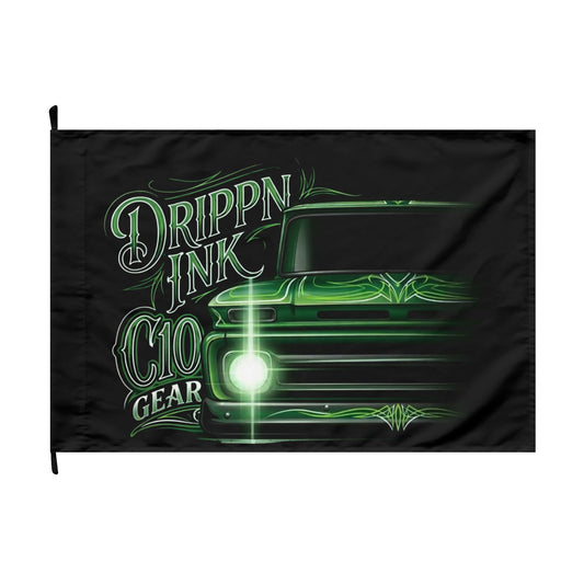Double sided garage flag in black with a green pinstriped Chevy C10 front end and DRIPPN INK C10 GEAR lettering
