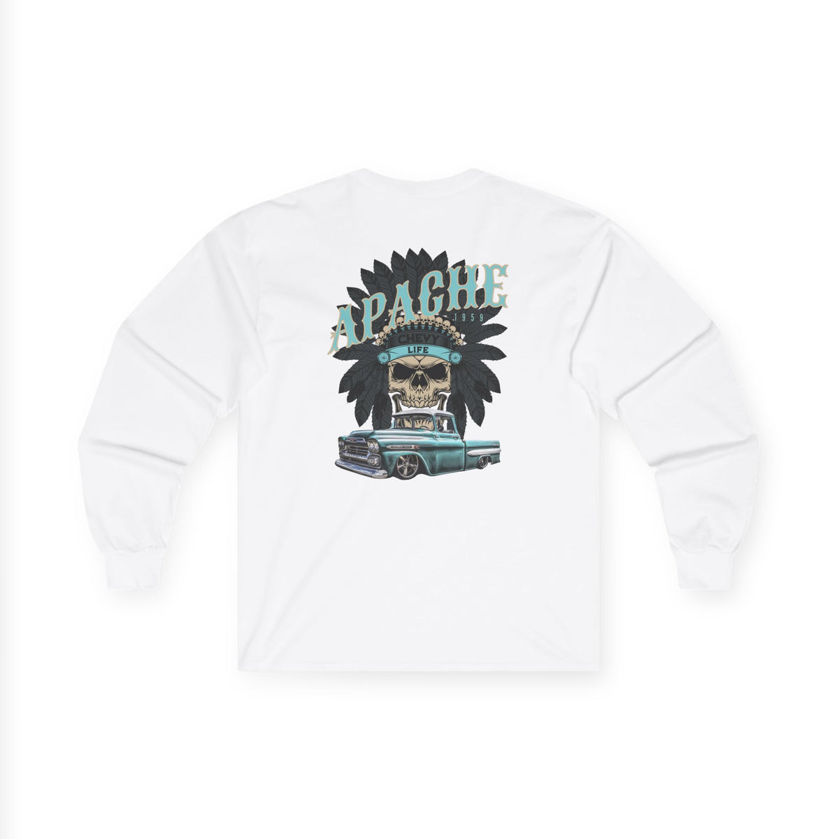 Back of the white long sleeve t-shirt with a large print reading Apache above a skull in a feathered headdress and a teal classic pickup.