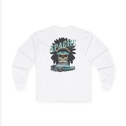 Back of the white long sleeve t-shirt with a large print reading Apache above a skull in a feathered headdress and a teal classic pickup.