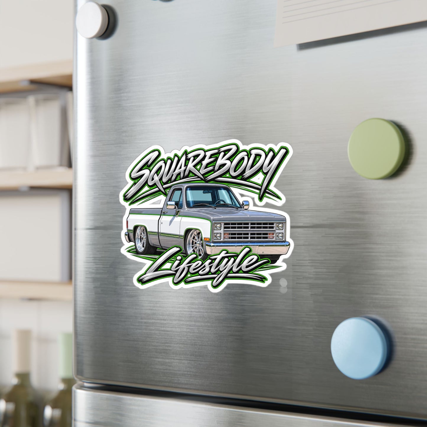Chevy squarebody sticker showing a slammed 1980s C10 in silver and white with green pinstripes on polished billet wheels, kiss-cut vinyl decal by Drippn Ink