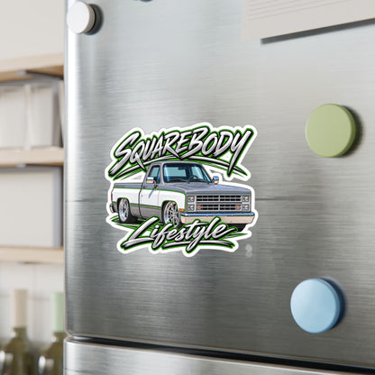Chevy squarebody sticker showing a slammed 1980s C10 in silver and white with green pinstripes on polished billet wheels, kiss-cut vinyl decal by Drippn Ink