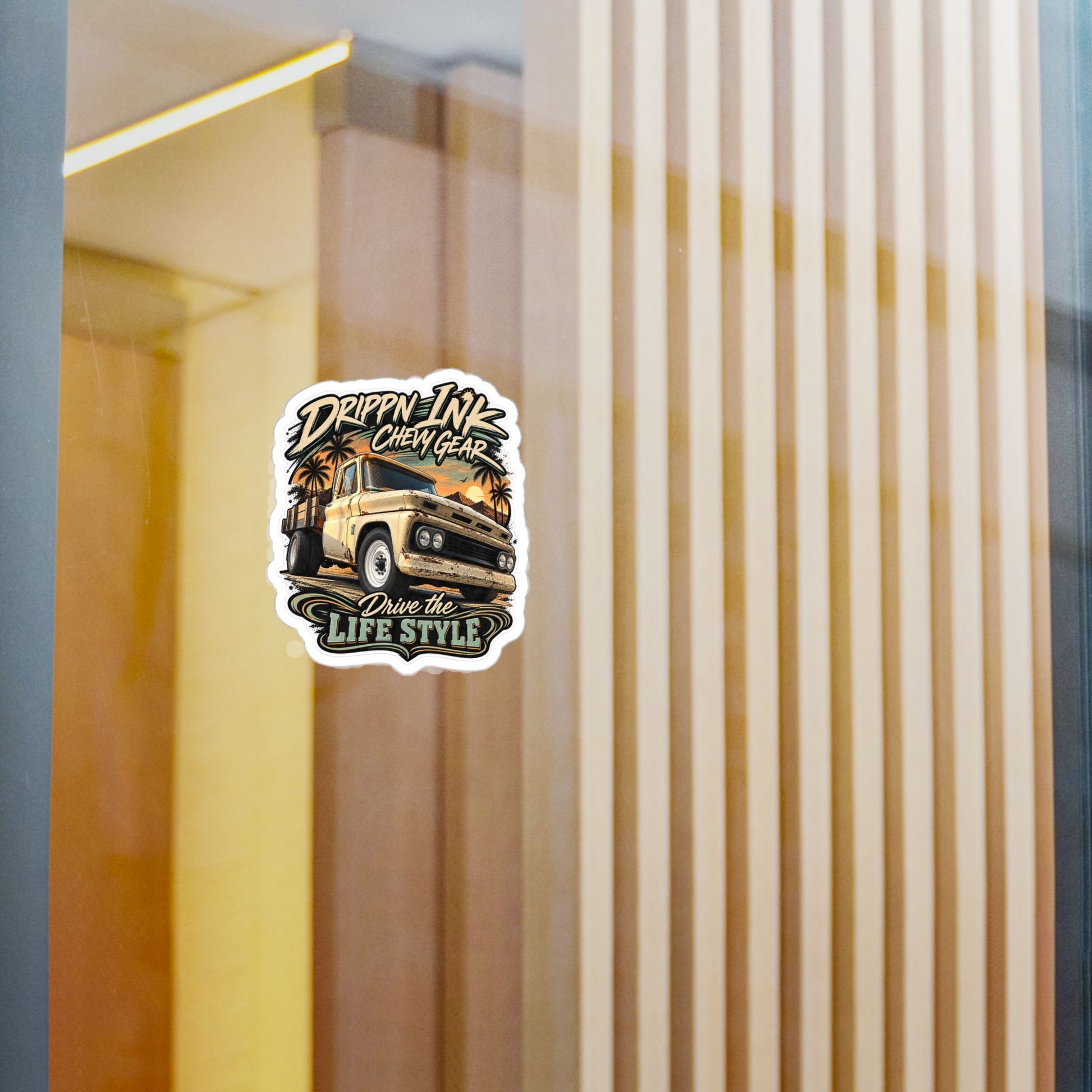 Chevy C20 dually flatbed sticker showing a 1964 truck with wooden stake sides and rust against an Arizona desert sunset with palms, kiss-cut vinyl decal by Drippn Ink