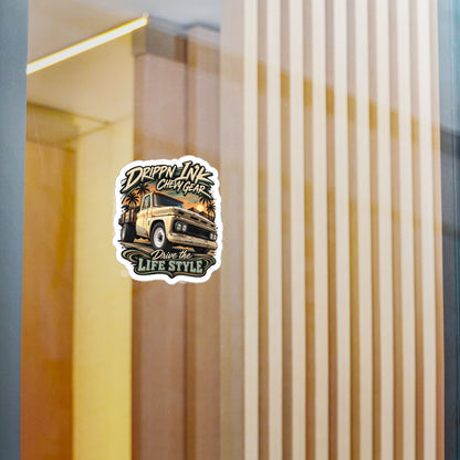 Chevy C20 dually flatbed sticker showing a 1964 truck with wooden stake sides and rust against an Arizona desert sunset with palms, kiss-cut vinyl decal by Drippn Ink