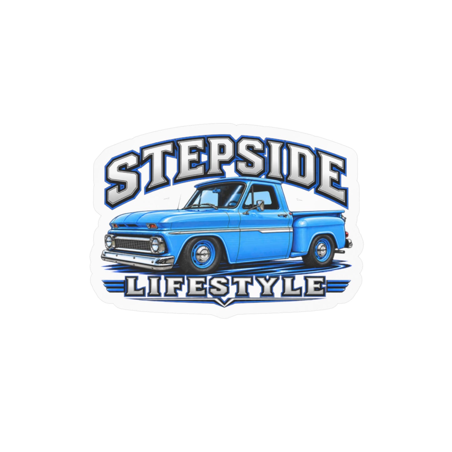 Chevy C10 stepside sticker showing a slammed 1960s truck in bright blue with chrome bumpers and blue steel wheels, kiss-cut vinyl decal by Drippn Ink