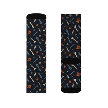 Drippn Ink Garage Tools Crew Socks, Vintage Wrench and Spark Plug Pattern, Mechanic Gift, Classic Truck Garage Style