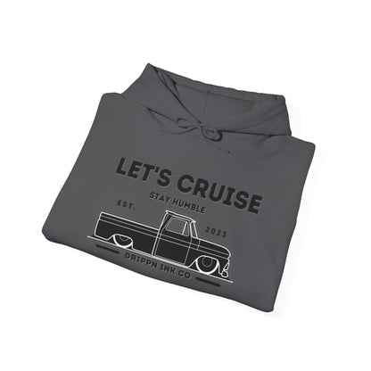 Charcoal Let's Cruise hooded sweatshirt folded, chest print visible