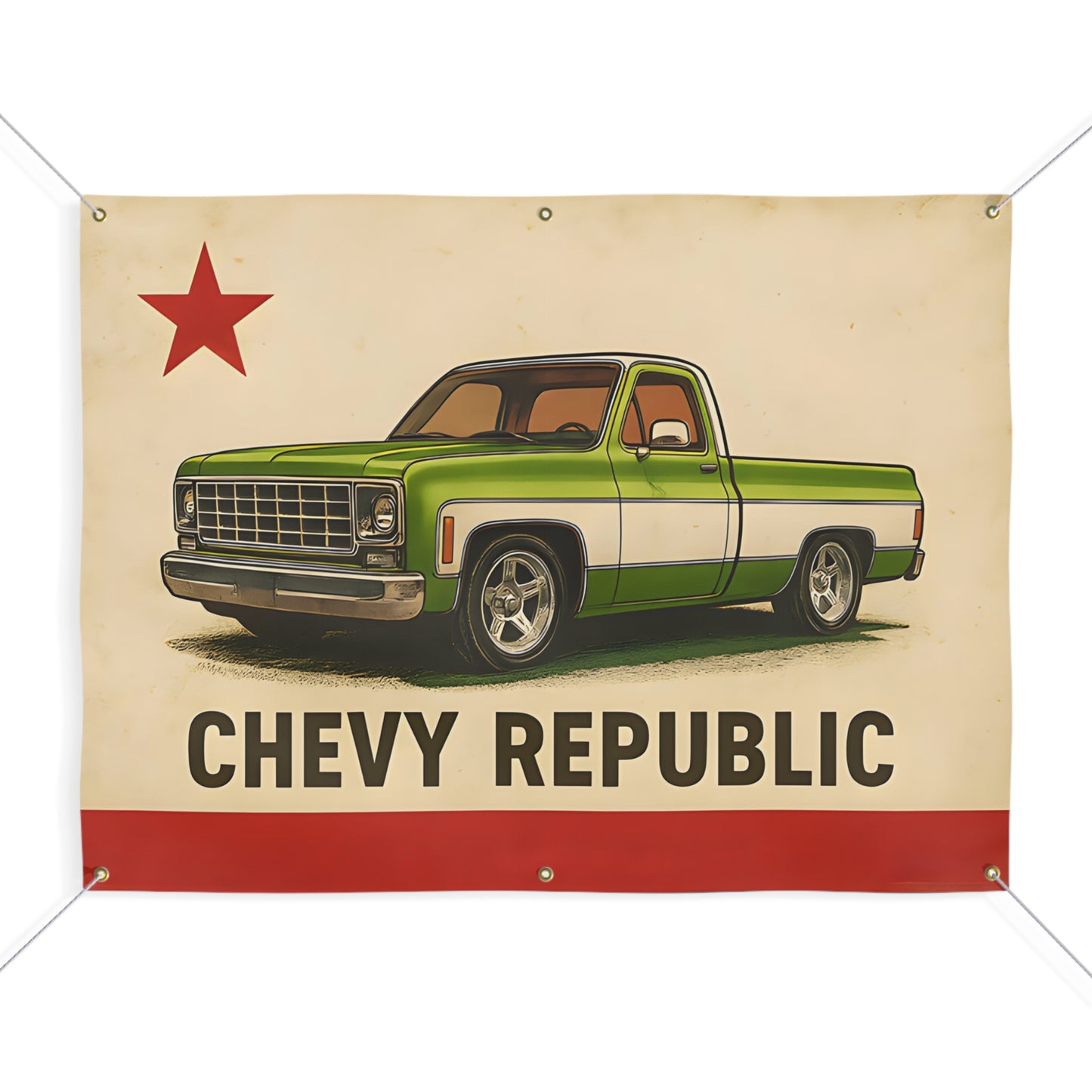 Cream fabric banner with corner grommets, a red star in the top left, a green and white squarebody pickup truck in the centre, and Chevy Republic in block letters over a red bar.