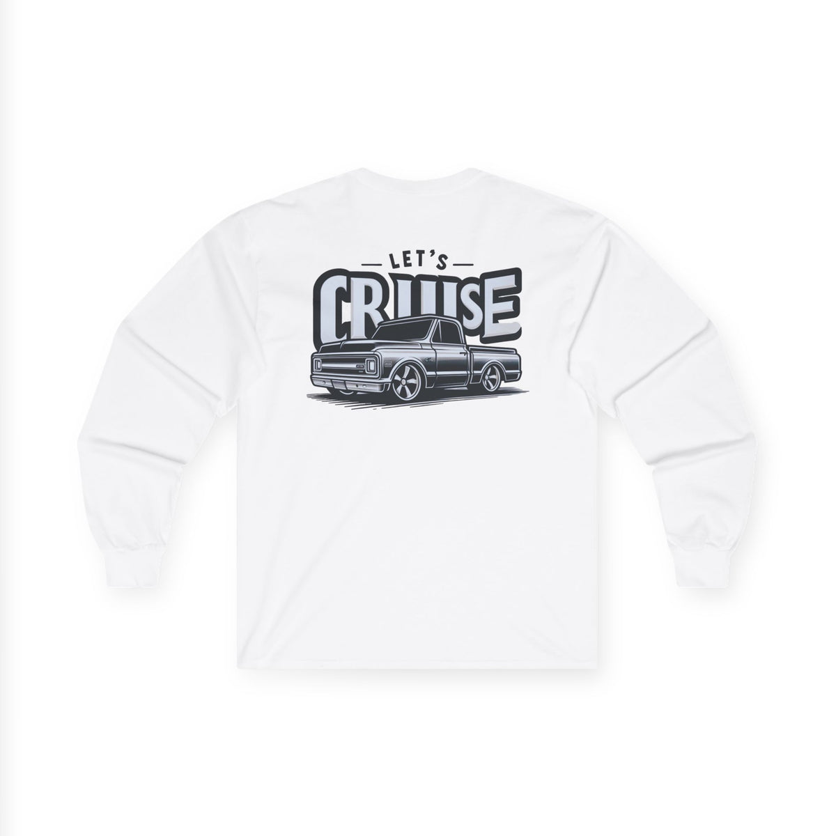 White long sleeve tee with a large back print reading LET'S CRUISE across a slammed classic pickup