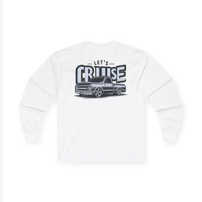White long sleeve tee with a large back print reading LET'S CRUISE across a slammed classic pickup